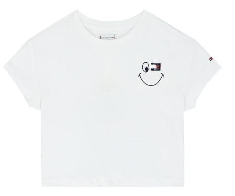 Biała bluzka dziecięca Tommy Hilfiger KG0KG06340 110 cm detal z logo marki