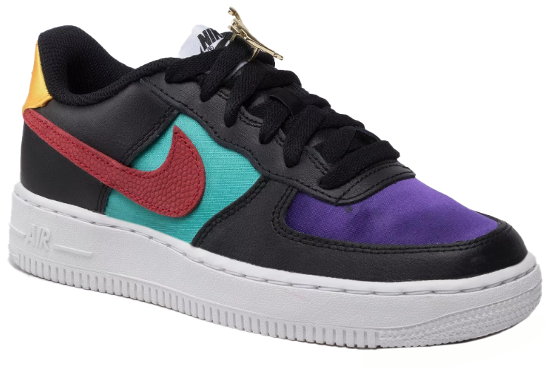 Multikolorowe (czarny, fioletowy, niebieski, czerwony) młodzieżowe sneakersy Nike Air Force 1 LV8 GS DN4178-001 r. 36,5 z białą podeszwą