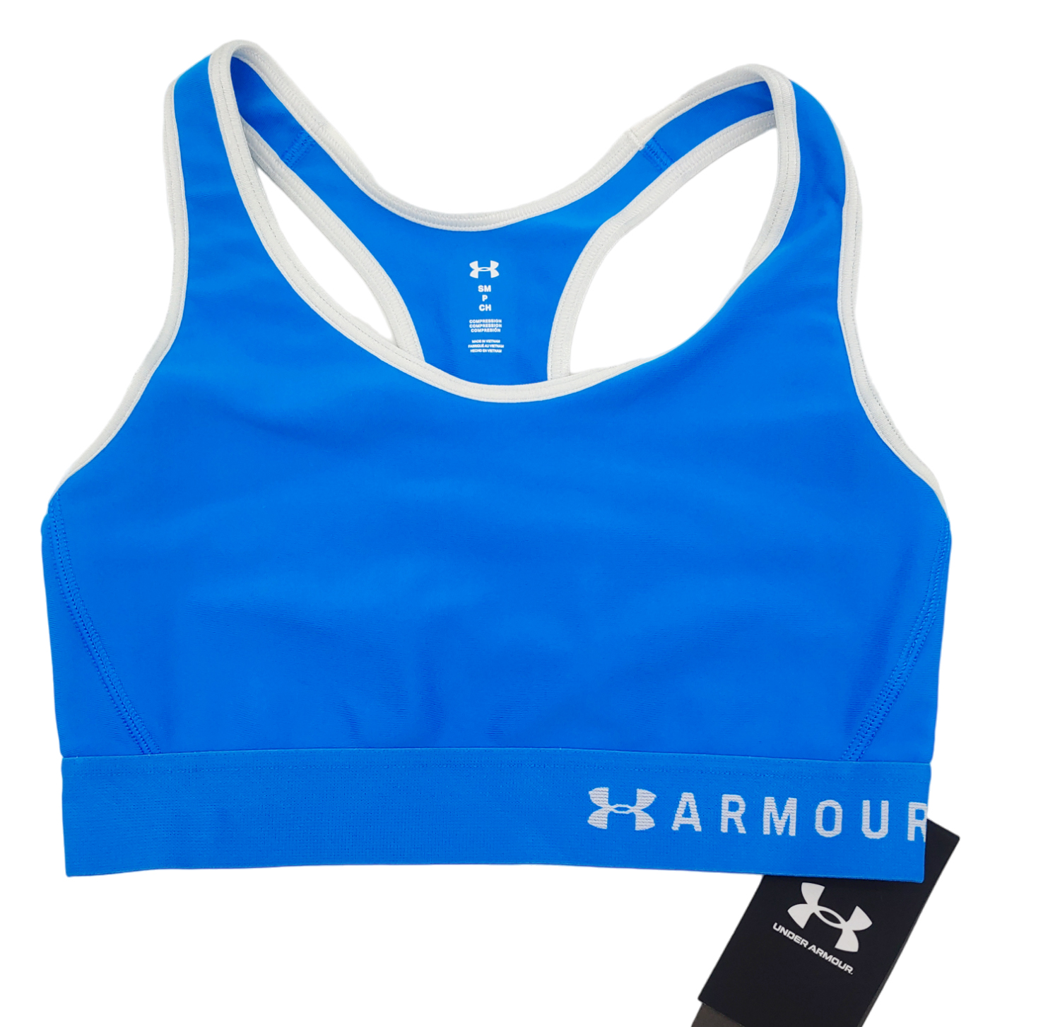 Niebieski biustonosz sportowy Under Armour Compression SM tył z siateczkowym materiałem Keyhole