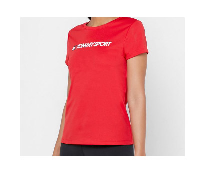 Czerwona damska koszulka Tommy Hilfiger Sport S10S100055-600 S detal logo i dekoltu