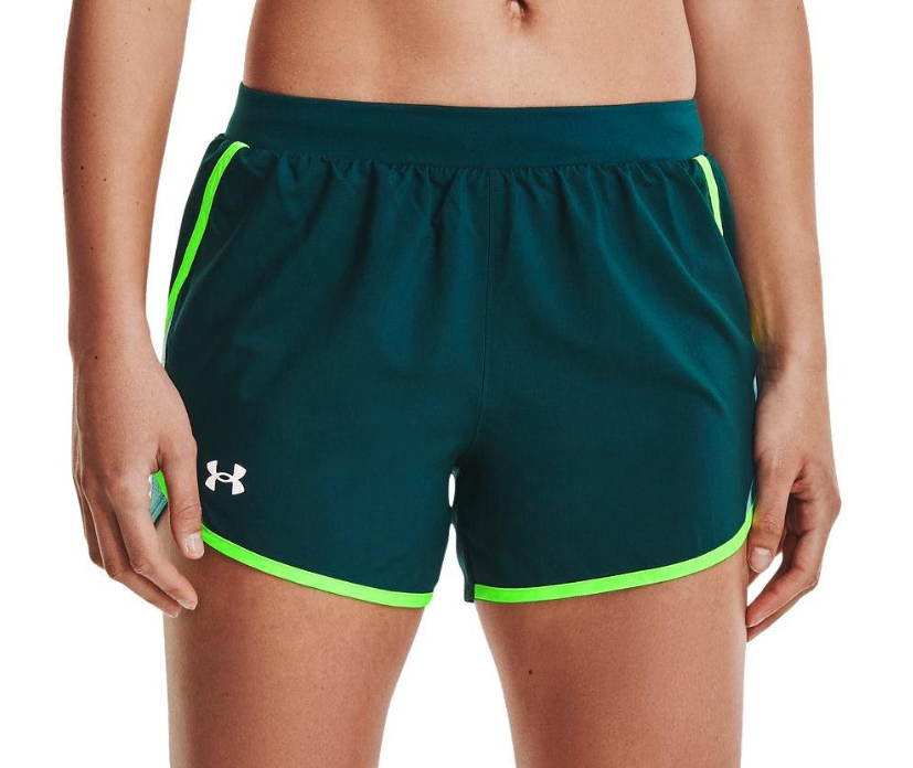 Damskie zielone spodenki Under Armour Fly-By 2.0 HeatGear 1350196463 SM bok z wbudowanymi figami