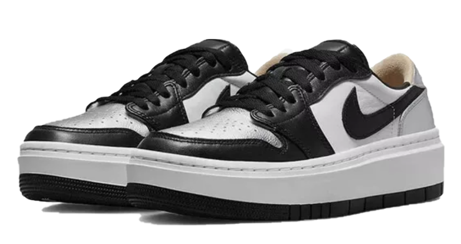 Czarne damskie sneakersy Nike Jordan Air 1 Elevate Low DQ8561-001 44 Special Edition przód z metaliczną powłoką i srebrnymi akcentami