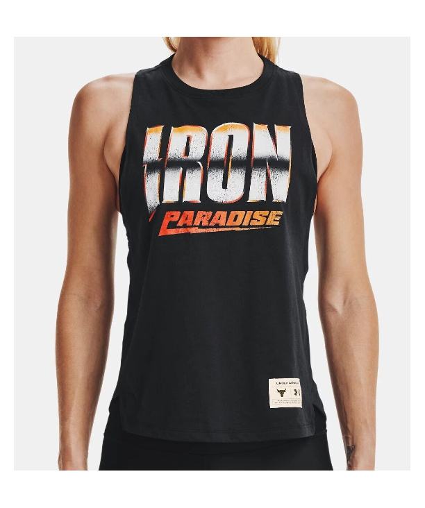 Czarny damski top Under Armour Project Rock Iron 1361065-001 SM przód z inspirującymi napisami