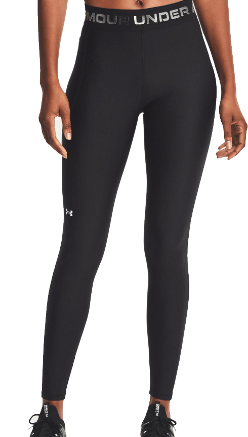 Damskie czarne legginsy Under Armour HeatGear 1365353-001 SM przód z gradientowym napisem