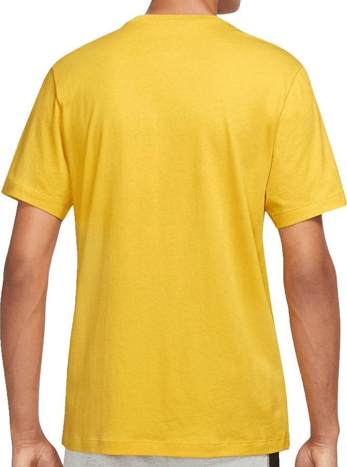 Żółta męska koszulka Nike Tee Icon Futura Sportswear AR5004-709 XL detal logo i dekoltu