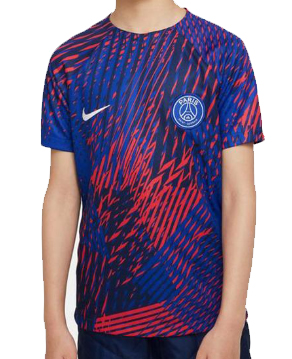 Dziecięca koszulka Nike PSG Pre Match XL przód z wielokolorowymi paskami i herbem