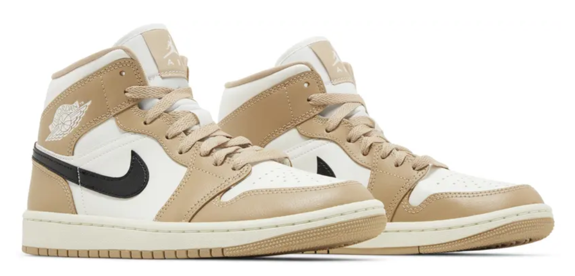 Beżowe damskie sneakersy Nike Air Jordan 1 Mid Desert BQ6472-103 42,5 przód z elastyczną skórą i siateczką
