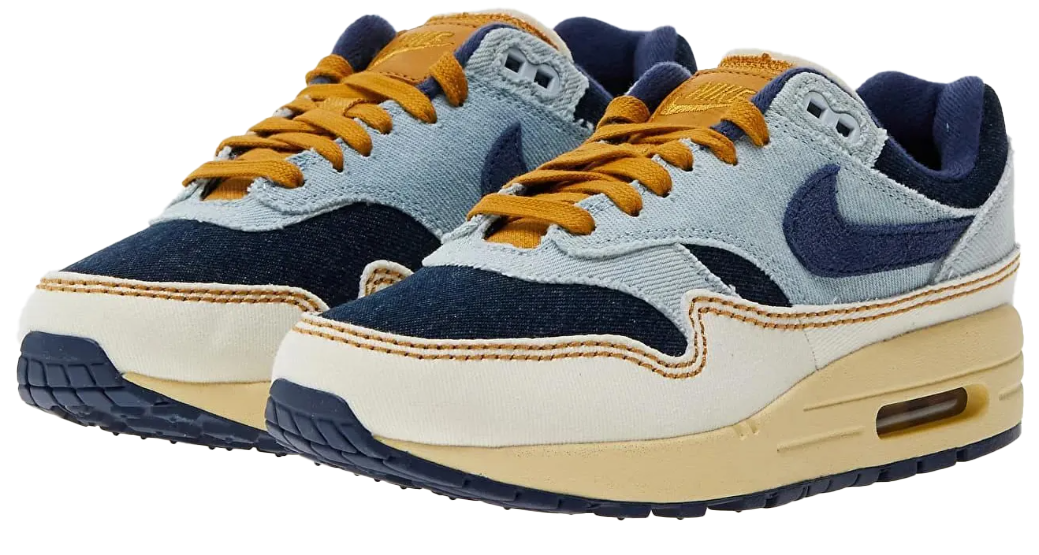 Niebieskie damskie sneakersy Nike Air Max 1'87 Aura FQ8900-440 44 przód z denimową cholewką i błękitnymi nakładkami