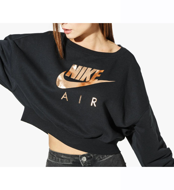 Boczny widok czarnej damskiej bluzy Nike Air Sportswear Rally Crew AV6227-010 L z mankietami