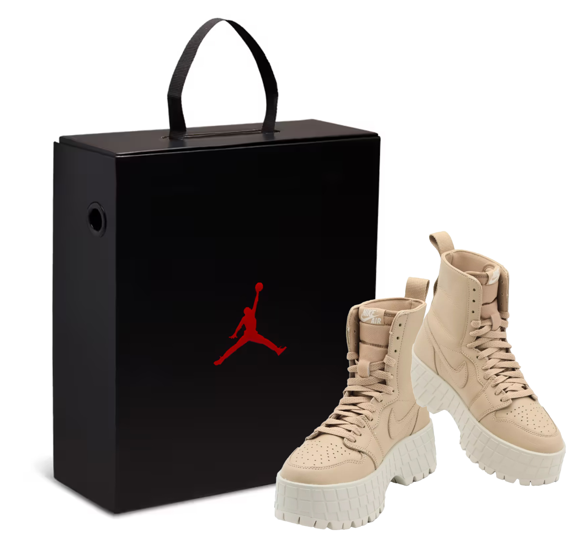 Boczny widok beżowych unisex butów Nike Air Jordan 1 Brooklyn FJ5737-200 44 z płóciennymi zakładkami