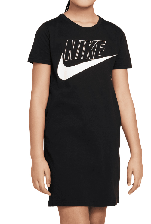 Czarna sukienka T-shirtowa dziewczęca Nike CU8375010 146 cm przód z dużym logo Nike