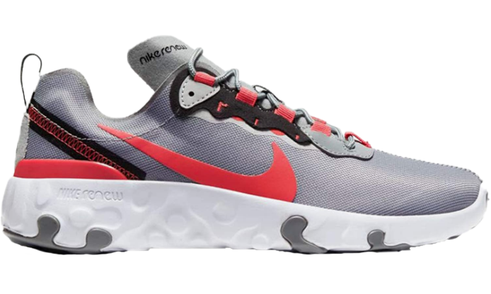 Szare młodzieżowe sneakersy Nike Renew Element 55 GS CK4081-002 r. 38,5 z czerwonymi akcentami i białą podeszwą