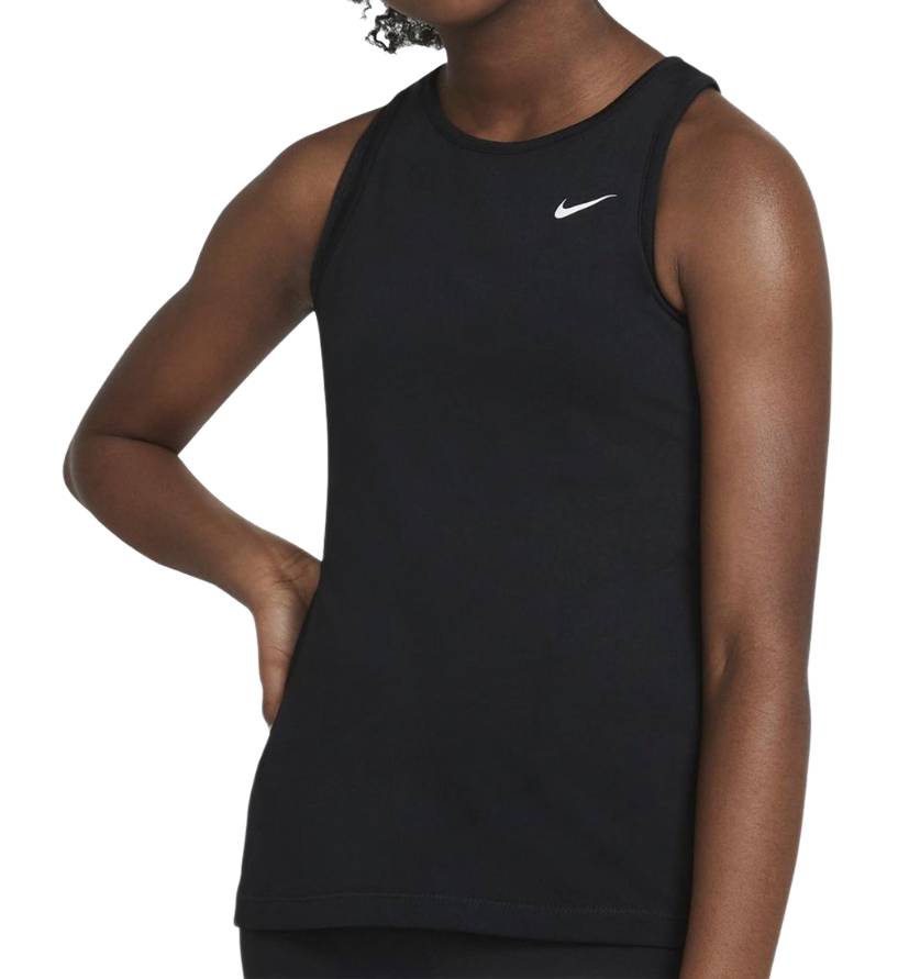 Czarne junior koszulka Nike Pro Tank Dri-FIT DA1022-010 XL dla dziewcząt przód z logo na ciepło