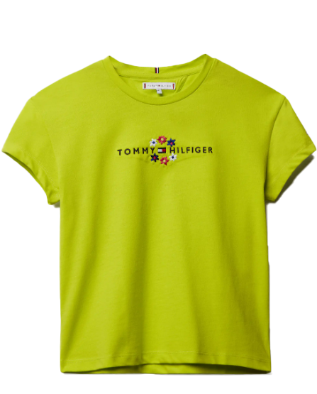 Zielona koszulka dziewczęca Tommy Hilfiger KG0KG06172 98 cm przód z kwiatowym haftem
