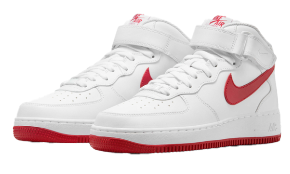 Białe damskie sneakersy Nike Air Force 1 '07 Mid DD9625-104 44 przód z czerwonymi akcentami i wyściełanym kołnierzem