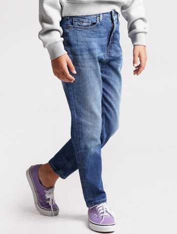 Niebieskie spodnie dziewczęce Tommy Hilfiger KG0KG06070 116 cm przód z logo