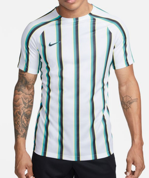 Biała męska koszulka Nike Academy Pro Dri-FIT DV9293-100 M z czarno-niebieskimi paskami
