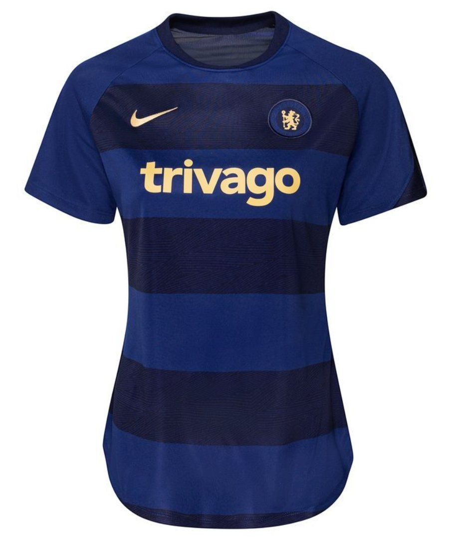 Boczny widok niebieskiej damskiej koszulki Nike Chelsea FC Prematch Shirt 2021/22 DQ0548-422 M z krótkim rękawem