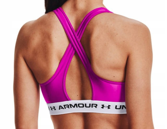 Różowy biustonosz sportowy Under Armour Crossback Compression SM bok z paskami krzyżowymi