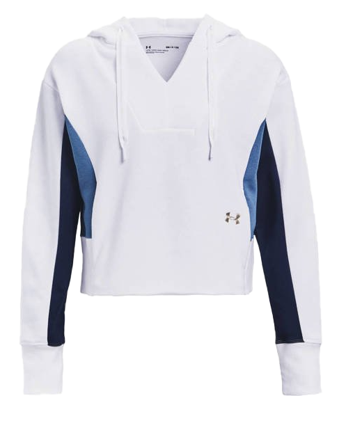 Biała bluza damska Under Armour Rival Fleece SM tył z niebieskimi i granatowymi wstawkami