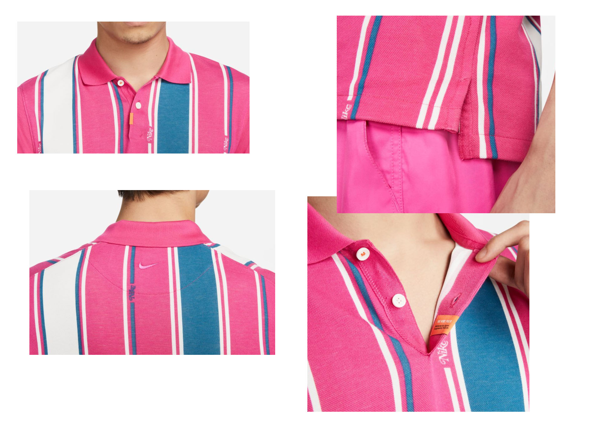 Różowa koszulka polo Nike DF Vertical Stripe DH0708621 S bok z prążkowanym kołnierzykiem