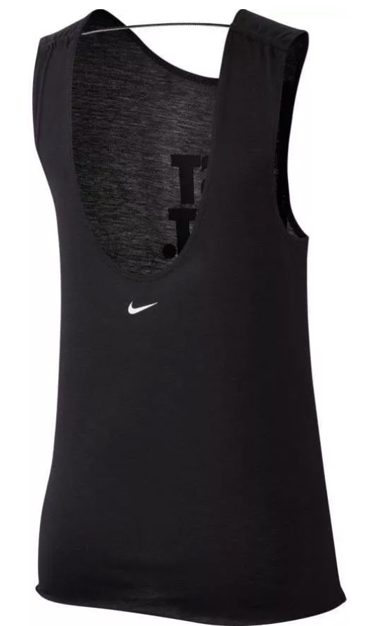 Boczny widok czarnej damskiej koszulki Nike Just Do It Dry Modern Muscle Top BV4484-010 XS z niedokończoną krawędzią