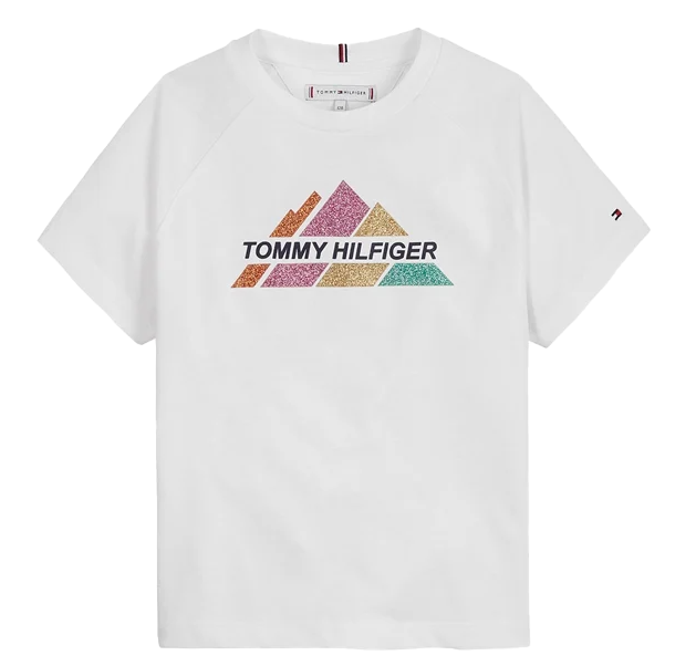 Biała koszulka junior Tommy Hilfiger KG0KG06167 128 cm przód z napisem i piramidami