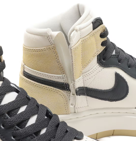 Boczny widok brązowych damskich butów Nike Air Jordan 1 High Elevate DN3253-700 42 z platformową podeszwą i czarnymi akcentami