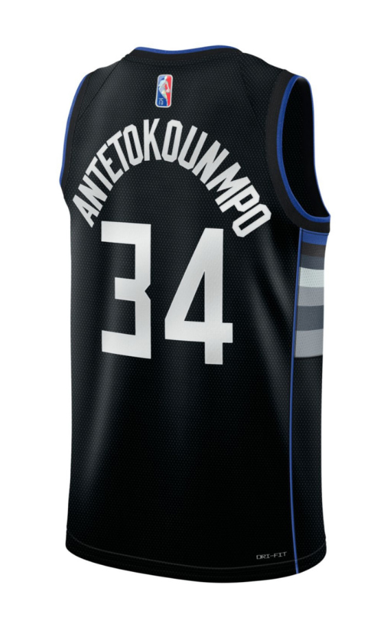 Czarna koszulka NBA Milwaukee Bucks Giannis Antetokounmpo DH8058010 S detal logo Nike