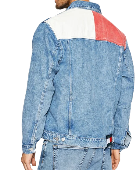 Niebieska kurtka męska jeansowa Tommy Hilfiger Trucker DM0DM10843 M bok z wzorem z blokami kolorów