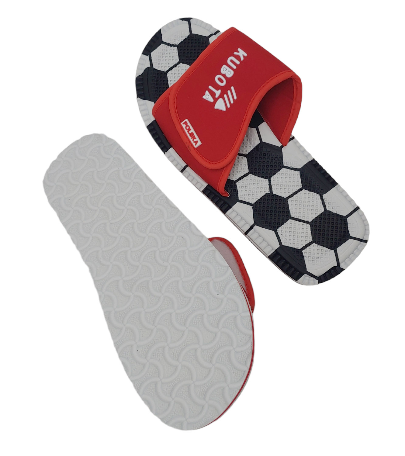 Białe damskie klapki Kubota r. 38 z czerwonym paskiem i piłkarskim wzorem