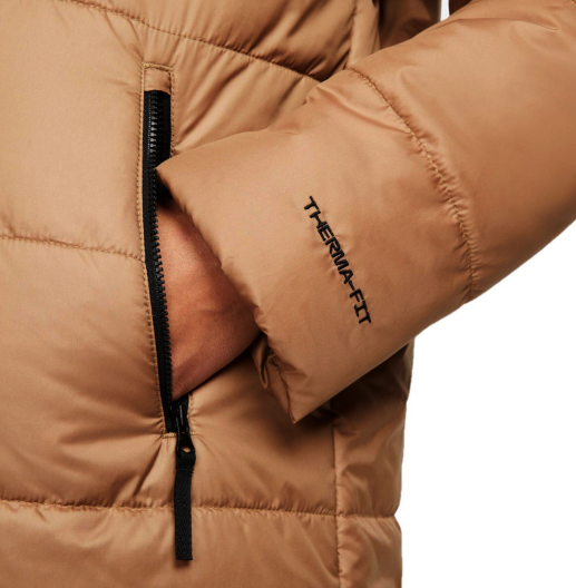 Boczny widok brązowej damskiej kurtki parka Nike Sportswear Therma-FIT Repel DX5684-258 S z regulowanym kapturem