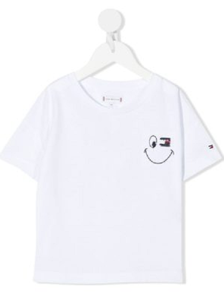 Biała bluzka dziecięca Tommy Hilfiger KG0KG06340 110 cm przód z wizerunkiem buźki