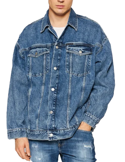 Męska niebieska kurtka jeansowa Calvin Klein Jeans J30J319047 M przód z kieszeniami