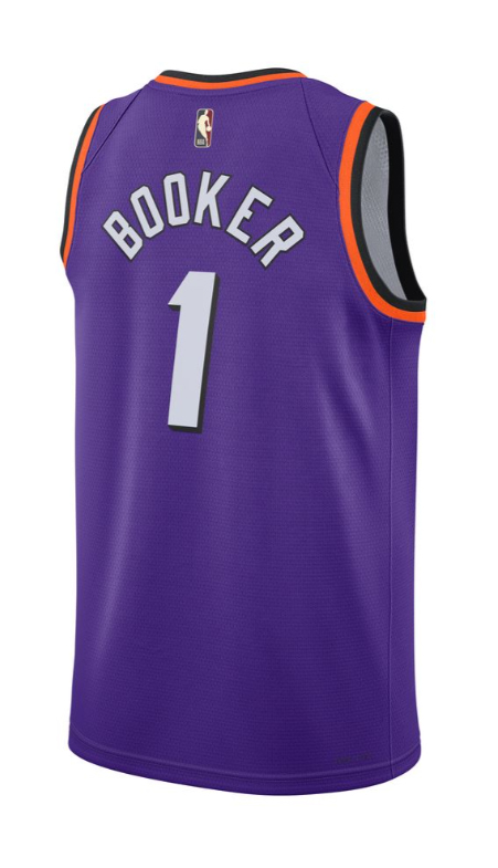 Fioletowa koszulka NBA Phoenix Suns Devin Booker DO9452506 S detal logo Nike