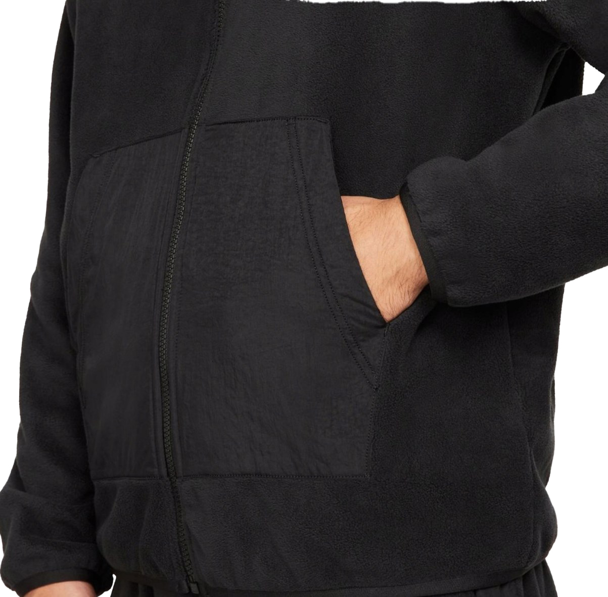 Boczny widok czarnej męskiej bluzy Nike Sportswear Polarowa Ciepła Zamek Kaptur DV8160-010 S z nylonowymi panelami