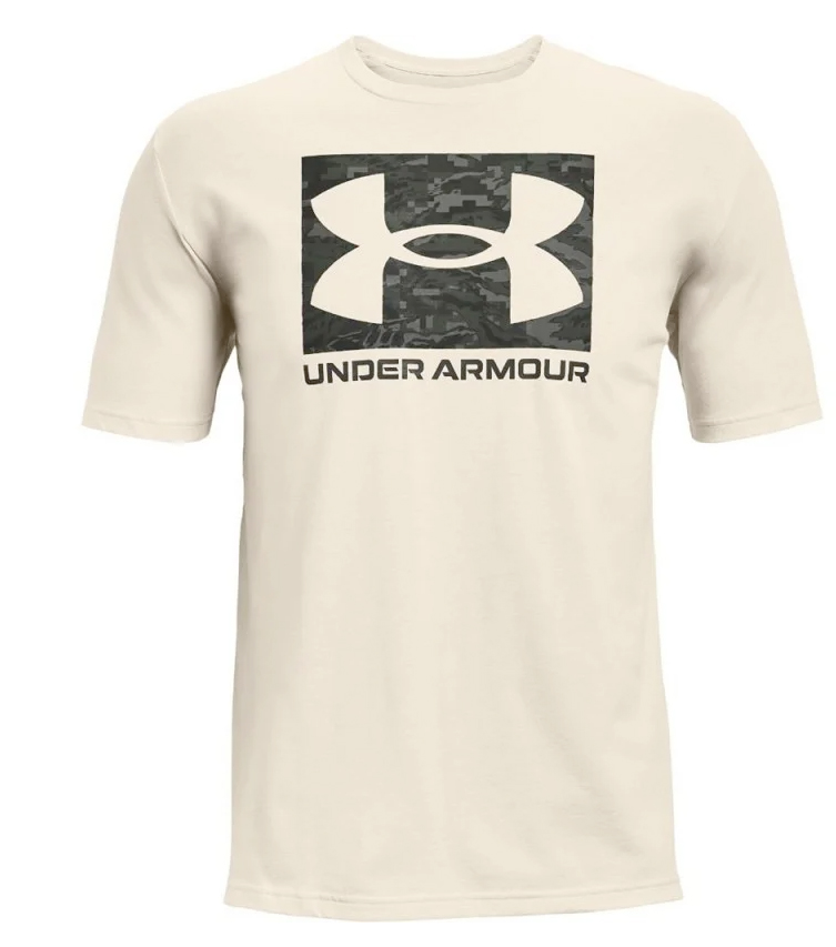 Beżowa męska koszulka Under Armour HeatGear Loose 1361673-110 L detal nadruku i logo UA