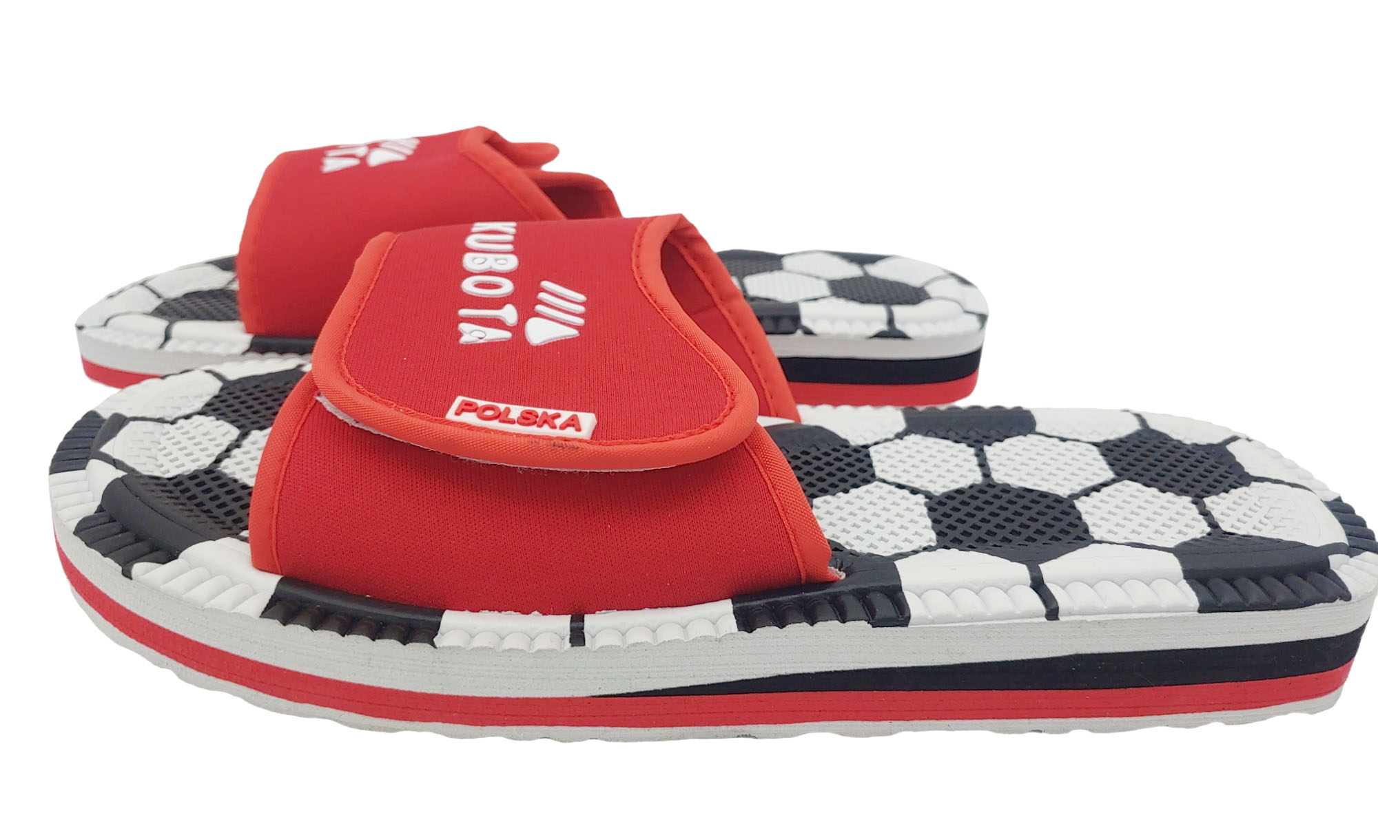 Białe damskie klapki Kubota r. 38 bok z czerwonym paskiem na rzep