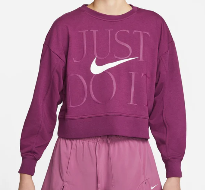 Fioletowa bluza damska Nike Get Fit Dri-FIT DD6130-610 S – przód z napisem JUST DO IT