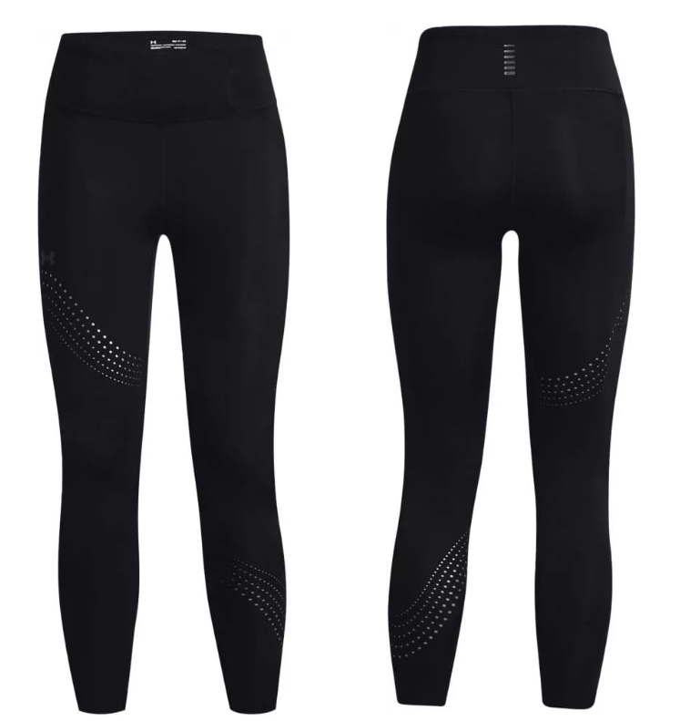 Czarne damskie legginsy Under Armour Run Speedpocket 1361382001 S/M bok z laserowymi perforacjami