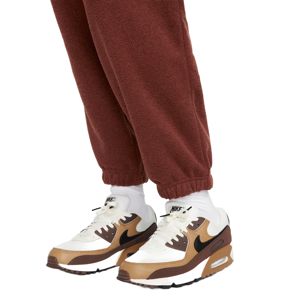 Boczny widok brązowych męskich spodni Nike Sportswear Plush Jogger DD5110-273 L z mankietami