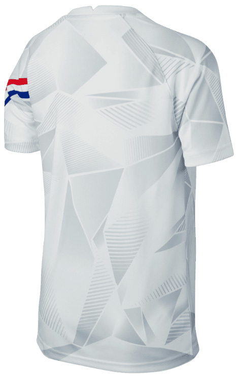 Biała koszulka junior Nike Netherlands CD2589101 L 147-158 cm detal z logo Nike Swoosh