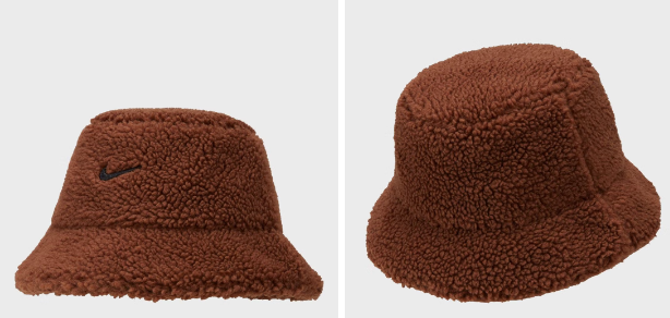 Brązowy kapelusz Nike dla dzieci – detal pluszowego materiału i Swoosha