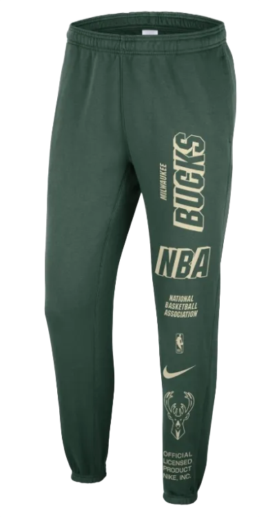 Zielone spodnie dresowe męskie Nike NBA Milwaukee Bucks DN9115323 S przód z grafikami drużyny