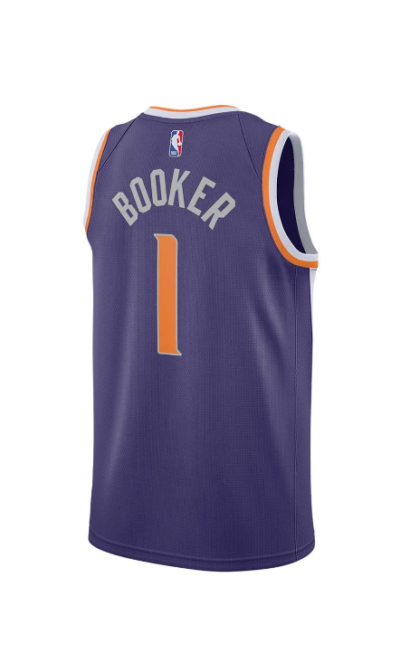 Fioletowa koszulka NBA Phoenix Suns Devin Booker CW3679567 S detal logo Nike