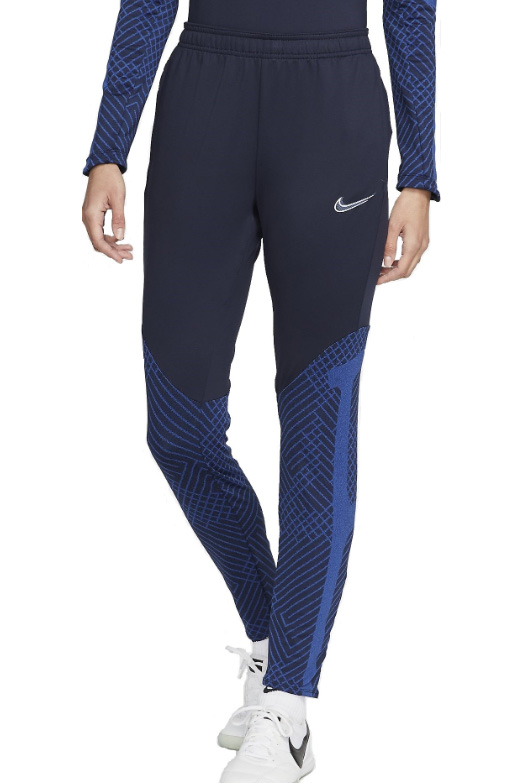 Damskie granatowe spodnie Nike Strike Dri-FIT DH9159-451 XS przód z niebieskimi wstawkami
