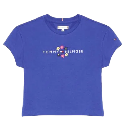 Niebieska koszulka dziewczęca Tommy Hilfiger KG0KG06172 98 cm przód z haftowanym wzorem