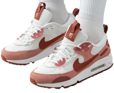 Boczny widok różowo-białych damskich butów Nike Air Max 90 Futura FQ8881-618 44,5 z zamszowymi wstawkami
