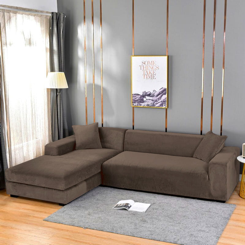 POKROWIEC NA KANAPĘ SOFĘ NAROŻNIK ELASTYCZNY WELUR 235-300 4OS BRĄZOWY