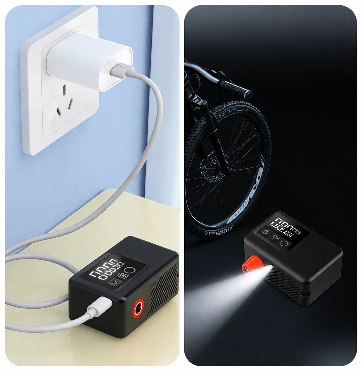 Ładowanie USB-C i latarka LED w mini pompce elektrycznej